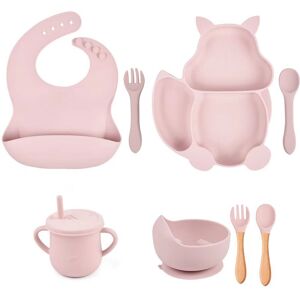 PatPat 8Pcs Silicone Baby Feeding Tableware Set Includes Suction Bowl & Divided Plates & Adjustable Bib & Straw Sippy Cup with Lid & Forks & Spoons  - Color-F