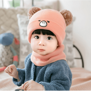 PatPat Baby Cute Pattern Pom Pom Decor Beanie Hat & Infinity Scarf  - Pink