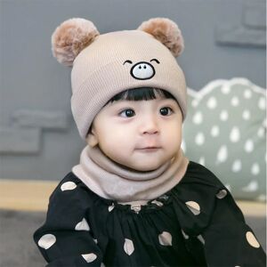 PatPat Baby Cute Pattern Pom Pom Decor Beanie Hat & Infinity Scarf  - Beige