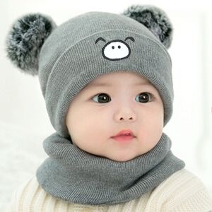 PatPat Baby Cute Pattern Pom Pom Decor Beanie Hat & Infinity Scarf  - Grey