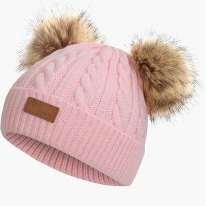 PatPat Toddler/ Kid Double Pompon Decor Solid Color Knitted Beanie Hat  - Pink