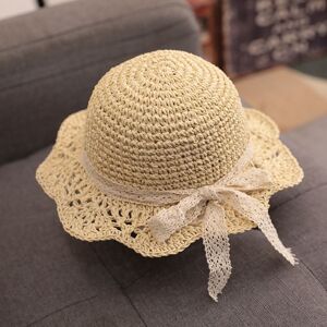 PatPat Baby/toddler Girl Sweet Cute Beach Straw Hat with Random Satin Ribbon Style  - Beige