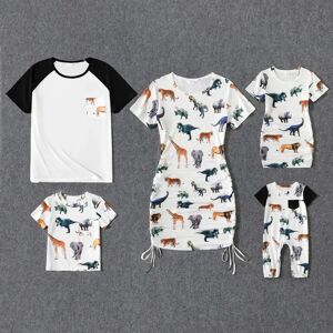 PatPat Family Matching All Over Animal Print Short-sleeve Mini Bodycon Ruched Dresses and Raglan-sleeve T-shirts Sets  - White