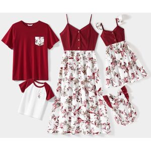 PatPat Family Matching Solid V Neck Button Up Spaghetti Strap Splicing Floral Print Dresses and Short-sleeve T-shirts Sets  - WineRed