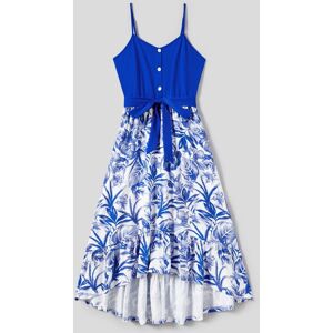 PatPat Family Matching Color Block Sleeveless Shirt and Floral Cami Button Hi-Low Dress Sets  - Royal Blue