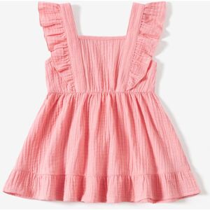 PatPat Family Matching Plaid Shirt and Pink Cotton Shirred Back Lace Waist Flutter Strap Dress Sets  - Pink