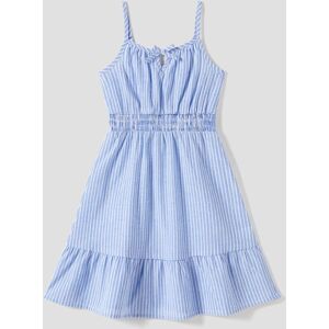 PatPat Family Matching Blue Stripe Panel Polo Shirt and Tie Neck Shirred Waist Stripe Strap Dress Sets  - Blue