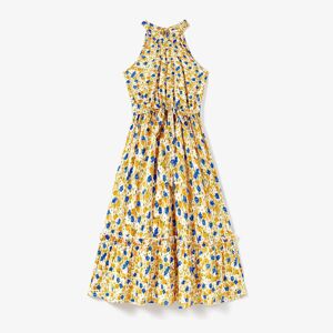 PatPat Family Matching Color Block Sunny Tee and Yellow Ditsy Floral High Neck Halter Sateen Dress Sets  - Yellow