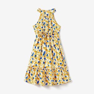 PatPat Family Matching Color Block Sunny Tee and Yellow Ditsy Floral High Neck Halter Sateen Dress Sets  - Yellow