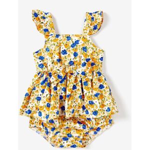 PatPat Family Matching Color Block Sunny Tee and Yellow Ditsy Floral High Neck Halter Sateen Dress Sets  - Yellow