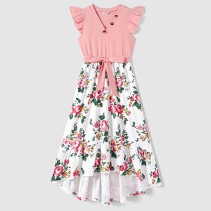 PatPat Family Matching Cotton Short-sleeve Colorblock Ribbed T-shirts and V Neck Flutter-sleeve Spliced Floral Print High Low Hem Dresses Sets  - Pink