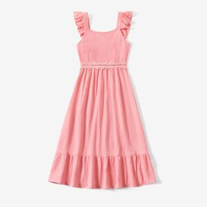 PatPat Family Matching Plaid Shirt and Pink Cotton Shirred Back Lace Waist Flutter Strap Dress Sets  - Pink