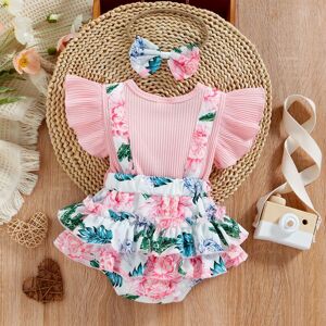 PatPat 2pcs Baby Girl 95% Cotton Ribbed Ruffle-sleeve Faux-two Floral Print Layered Romper with Headband Set  - Pink