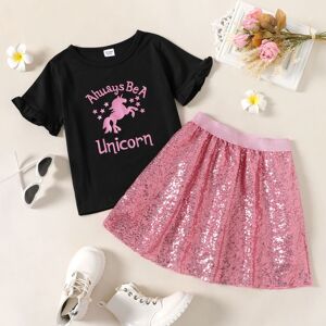 PatPat 2-piece Kid Girl Unicorn Letter Print/Sequin Rabbit Pattern Heart Print Short-sleeve Tee and Sequined Skirt Set  - Black