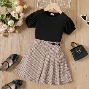 PatPat 2pcs Kid Girl Ribbed Short-sleeve Tee and Plaid Pleated Skirt Set  - Black