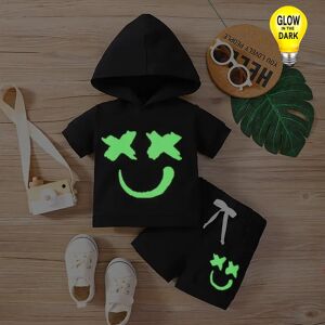 PatPat 2pcs Baby Boy/Girl 95% Cotton Glow in the Dark Graphic Hooded Short-sleeve Tee & Shorts Set  - Black