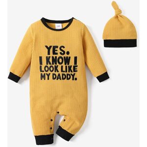 PatPat 2pcs Baby Boy/Girl Letter Embroidered Long-sleeve Knitted Jumpsuit with Hat Set  - Yellow