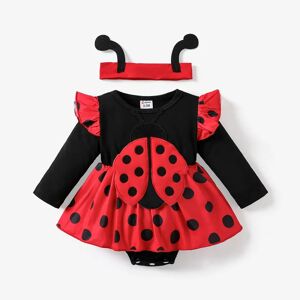 PatPat 2pcs Baby Girls Childlike Polka Dot Ladybug Romper Set  - Red