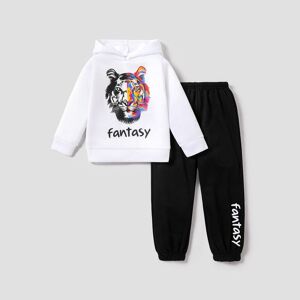 PatPat 2-piece Kid Boy Letter Animal Print Fleece Lined Hoodie Sweatshirt and Pants Set  - Black/White