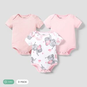 PatPat 3-Pack Baby Girl/Boy Elephant Print/Solid Color Short-sleeve Rompers  - Pink