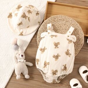 PatPat 2pcs Baby Boy/Girl 100% CottonChildlike Animal Pattern 3D Hyper-Tactile Bear Rompers and Hat Set  - OffWhite