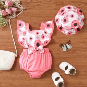 PatPat Baby Girls Cute Sunflower Printed Romper and Hat Set  - JF