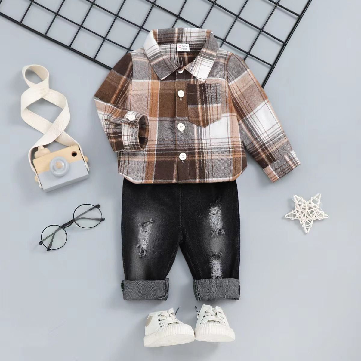 PatPat 2pcs Baby Boy Casual Plaid and Denim Set/Waistcoat/Bandana/Shoes/Cap  - clothing Khaki