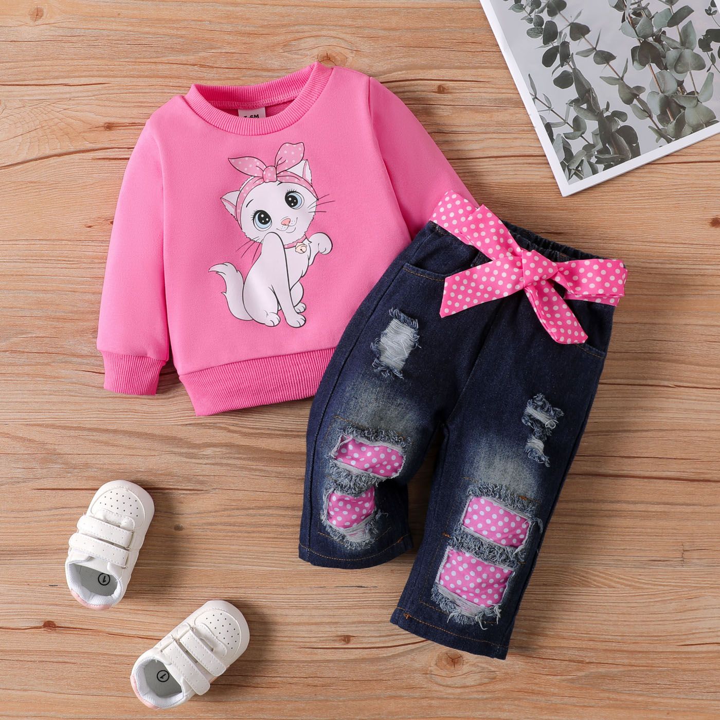 PatPat 3PCS Girl‘s Childlike Cat Pattern Distressed Patchwork Denim Jean set  - baby Pink