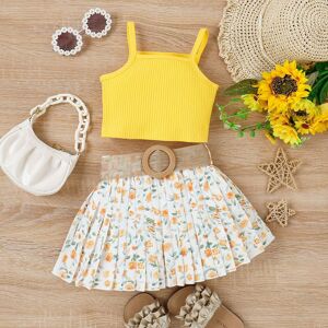 PatPat 3pcs Toddler Girl Sweet Ribbed Crop Camisole and Floral Print Pleated Skirt & Belt Set  - Yellow