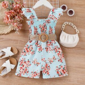 PatPat 2pcs Toddler Girl Sweet Floral Print Smocked Sleeveless Rompers and Belt  - Multi-color