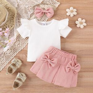 PatPat 3pcs Baby Girl 95% Cotton Ribbed Ruffle Short-sleeve Tee and Bow Front Skirt & Headband Set  - Pink