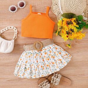 PatPat 3pcs Toddler Girl Sweet Ribbed Crop Camisole and Floral Print Pleated Skirt & Belt Set  - Orange