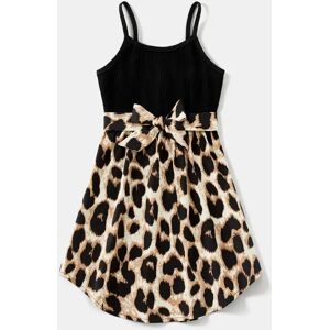 PatPat Family Matching 95% Cotton Short-sleeve T-shirts and Rib Knit Spliced Leopard Belted Cami Dresses Sets  - Black