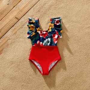 PatPat Family Matching Floral Print & Solid Spliced Ruffle Trim One-piece Swimsuit and Swim Trunks  - Red
