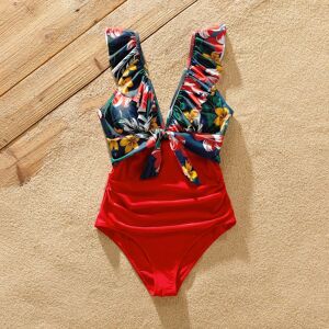 PatPat Family Matching Floral Print & Solid Spliced Ruffle Trim One-piece Swimsuit and Swim Trunks  - Red