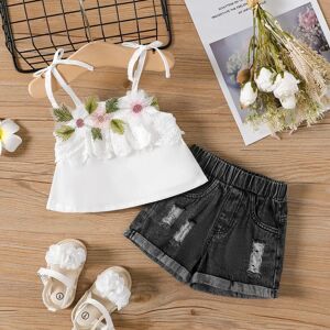 PatPat 2pcs Baby Girl 100% Cotton Floral Design Cami Top and Ripped Denim Shorts Set  - White