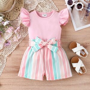 PatPat 2pcs Baby Girl Solid 95% Cotton Flutter-sleeve Tee and Striped Belted Shorts Set  - Pink