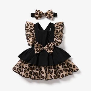 PatPat 2pcs Baby Girl 95% Cotton Solid & Leopard Print Layered Ruffle Trim Sleeveless Romper and Headband Set  - Black