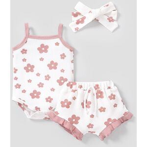 PatPat 3pcs Baby Girl 3-piece Floral Print Textured Cami Romper and Ruffled Shorts & Headband Set  - Pink