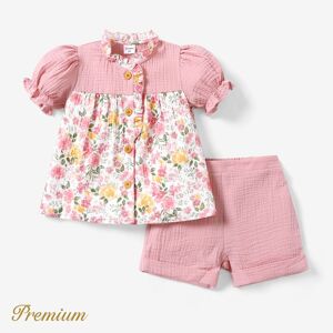 PatPat 2pcs Toddler/Kid Girl Elegant Cotton  Set with Ruffle Edge and Broken Flower Pattern  - Mauve Pink