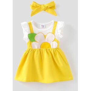 PatPat Baby Girl 2pcs Sweet Flower Embroidery  Faux-two Dress and Headband Set/ Shoes  - Yellow