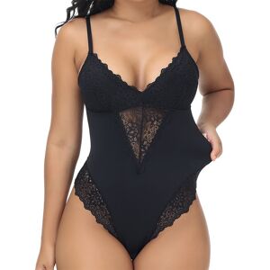 PatPat Plus Size Lace Bodysuit Shapewear with Sexy Suspender Straps  - Black