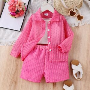 PatPat 3pcs Toddler Girl Sweet Solid Color Lapel Top and Shorts Sets  - Pink