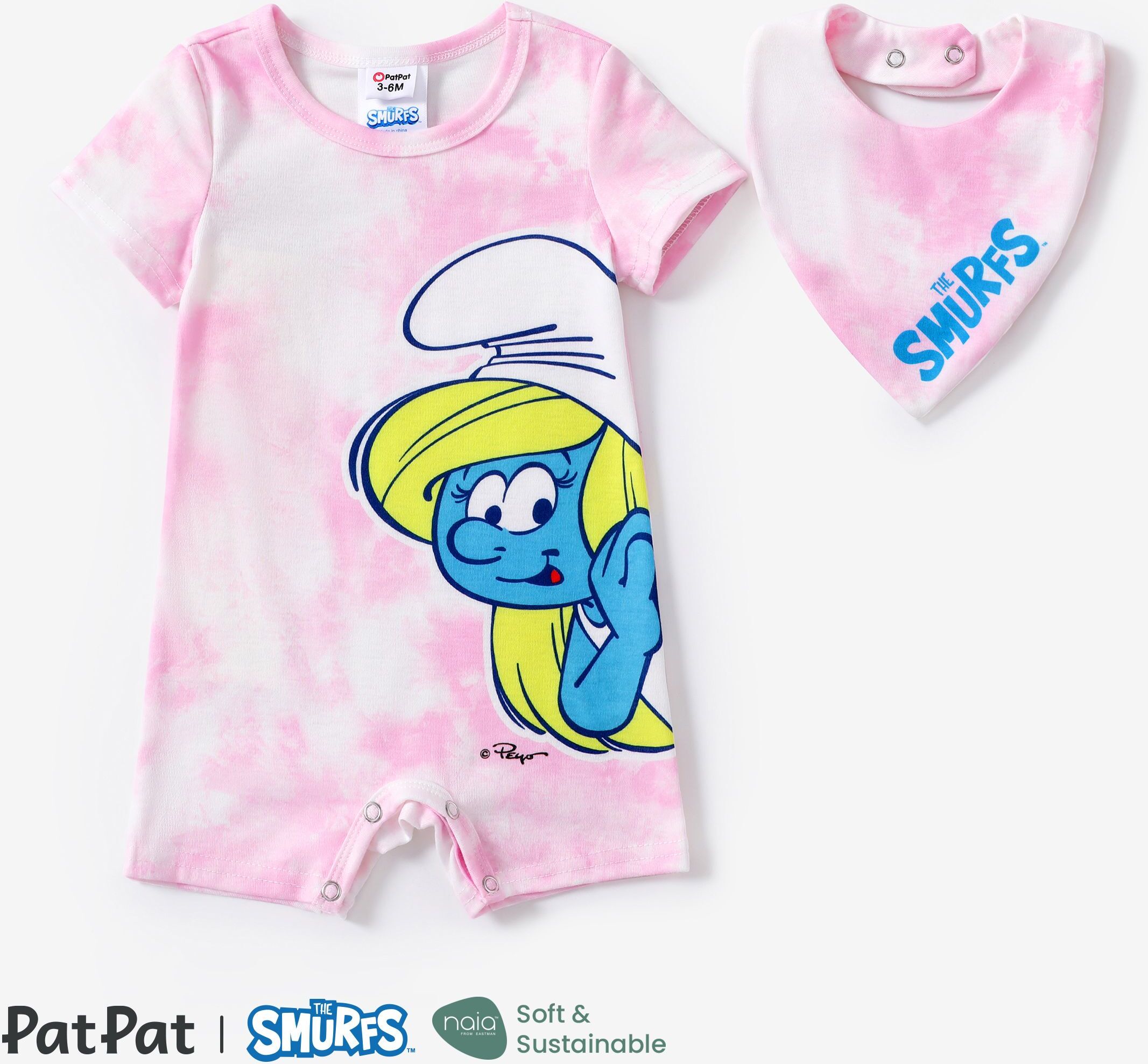 PatPat The Smurfs Baby Boys/Girls 2pcs Naia™ Tie-dye fun Character Print Onesie with Saliva Towel Set  - Pink