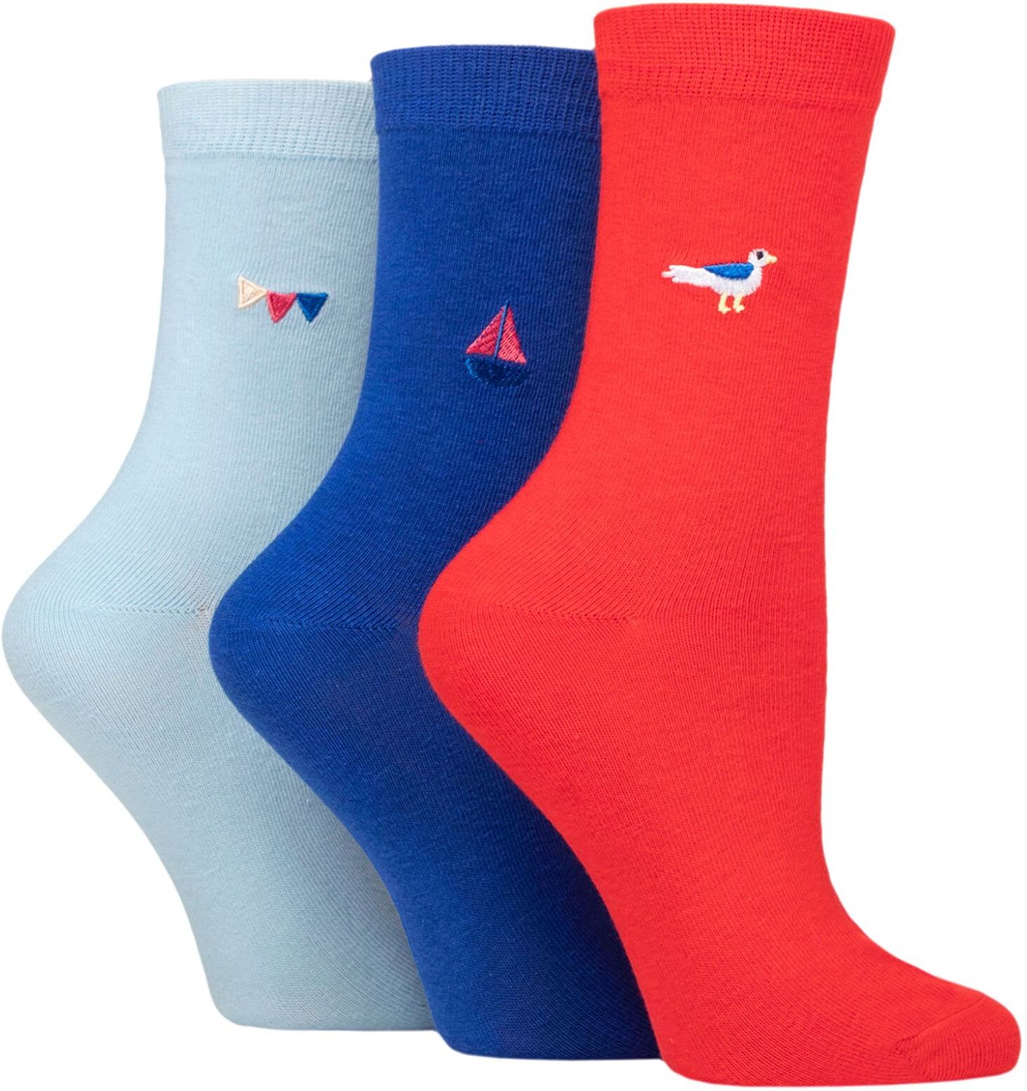 Wild Feet Women's 3 Pair SOCKSHOP Wildfeet Embroidered Socks Bird / Boat / Flags 4-8 Ladies - Multi Coloured - Size: Small