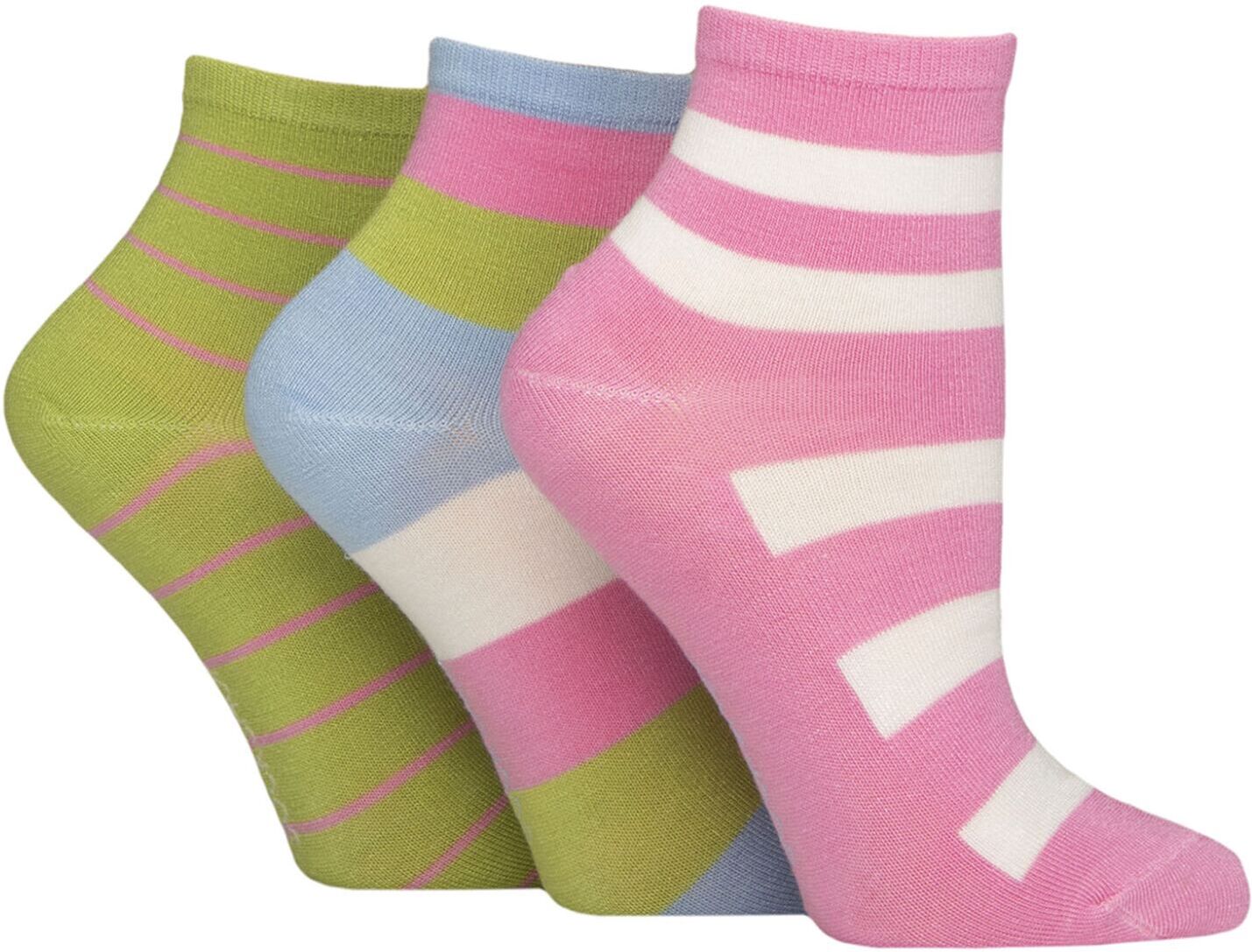 Women's 3 Pair SOCKSHOP Plain and Patterned Bamboo Ankle Socks Striped Ocean View 4-8 - Multi Coloured - Size: Small