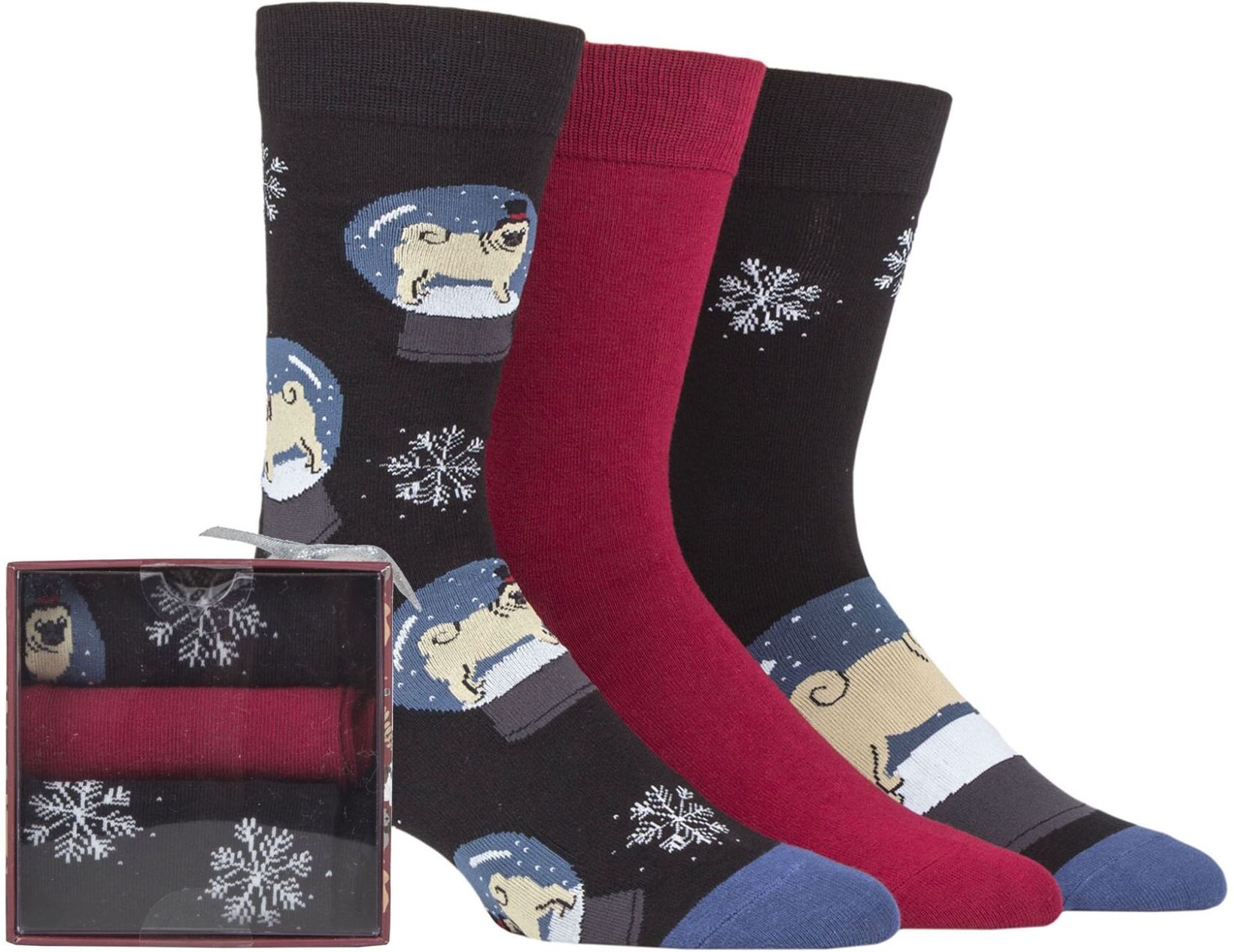 Wild Feet Mens 3 Pair SOCKSHOP Wildfeet Dogs Gift Boxed Socks Snow Globe Pug 7-11 Mens  - Multi Coloured - Size: 7-11 Mens