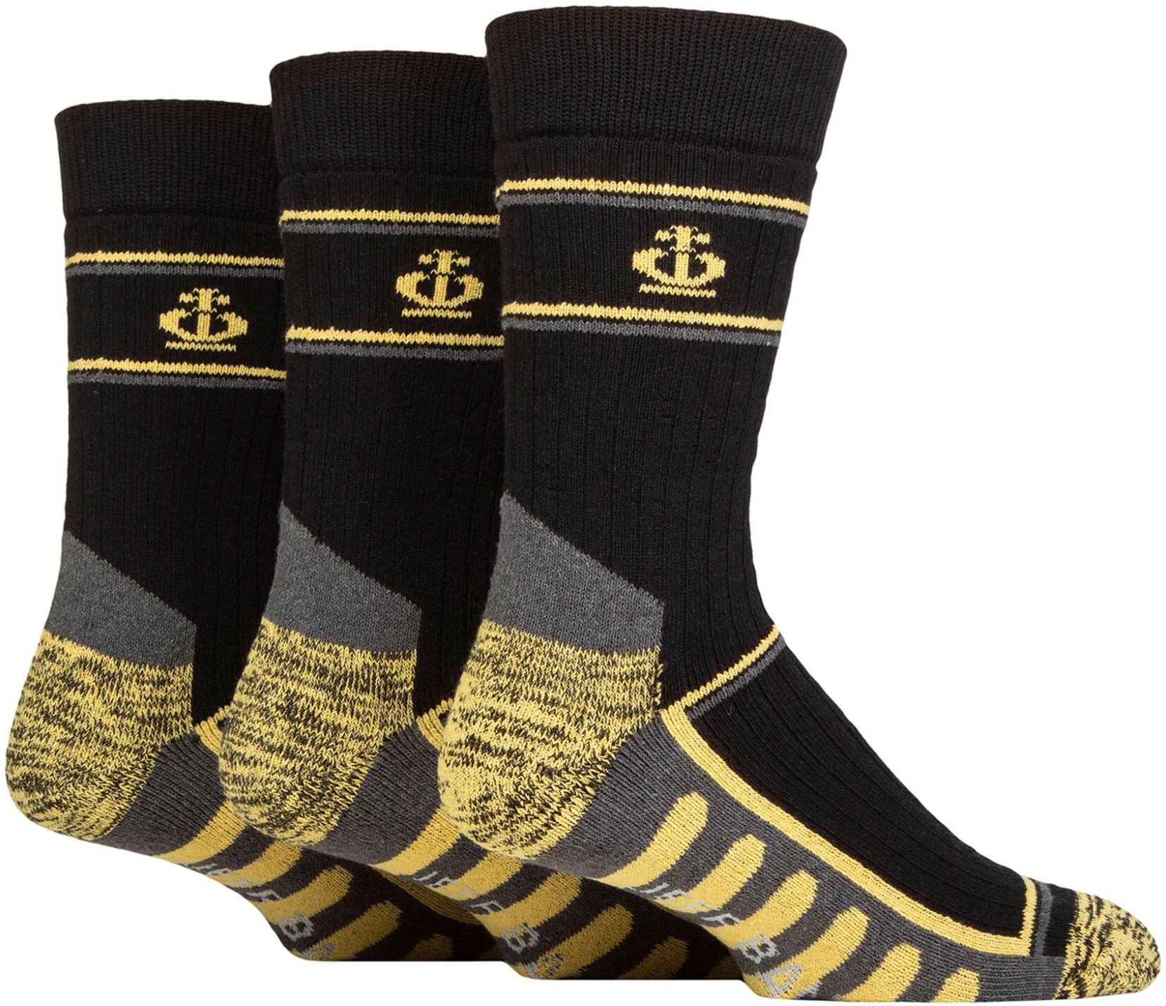 Mens 3 Pair Jeff Banks Recycled Cotton Cushioned Durable Work Socks Charcoal / Yellow 7-11 - Grey - Size: 7-11 Mens