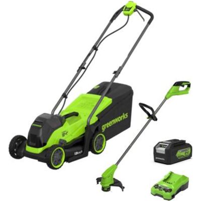 Greenworks 24v Cordless Brushless Lawnmower 330mm and Grass Trimmer 250mm 1 x 4ah Li-ion Battery Charger Greenworks 24v Cordless Brushless Lawnmower 330mm and Grass Trimmer 250mm 1 x 4ah Li-ion Battery Charger