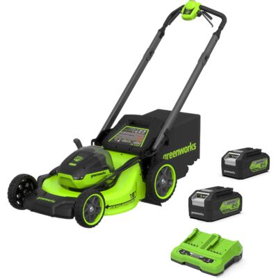 Greenworks MO48L 48v Cordless Brushless Self Propelled Rotary Lawnmower 460mm 2 x 4ah Li-ion Twin Battery Charger Greenworks MO48L 48v Cordless Brushless Self Propelled Rotary Lawnmower 460mm 2 x 4ah Li-ion Twin Battery Charger